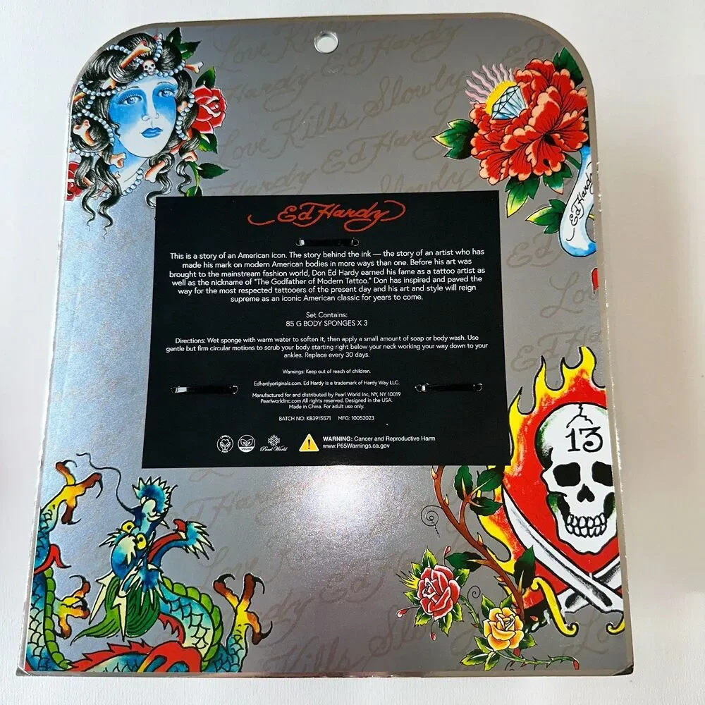 Ed Hardy 3 Piece Jumbo Bath Sponges Shower‎ Loofah Adult New